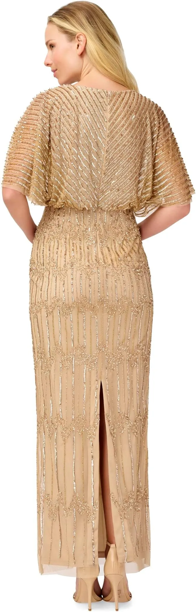 Adrianna Papell Beaded Long Blouson Mother of the Bride Dress Champagne/Gold color
