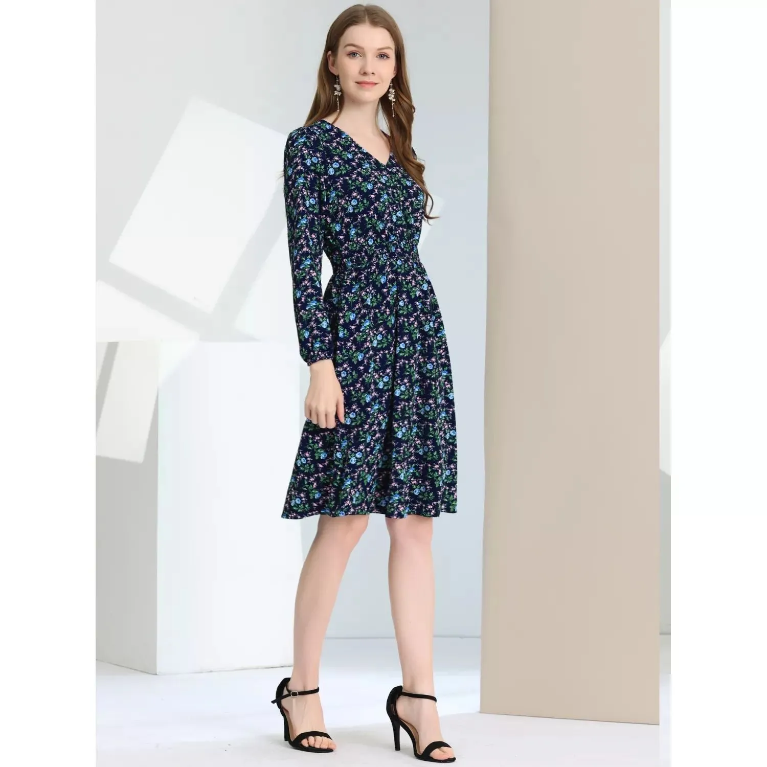 ALLEGRA K Women's V-Neck A-Line Midi Dress with Floral Print, White