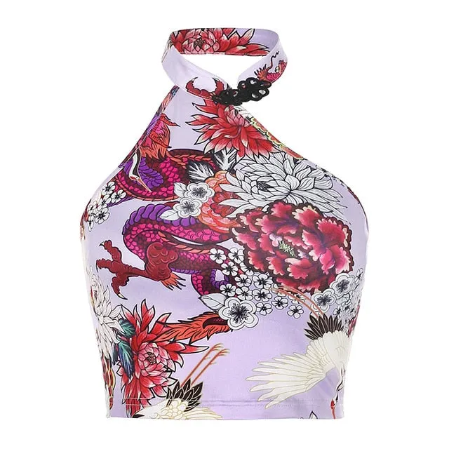 Chinese Style Dragon Halter Vintage Cheongsam Collar Streetwear Sleeveless Slim Crop Top