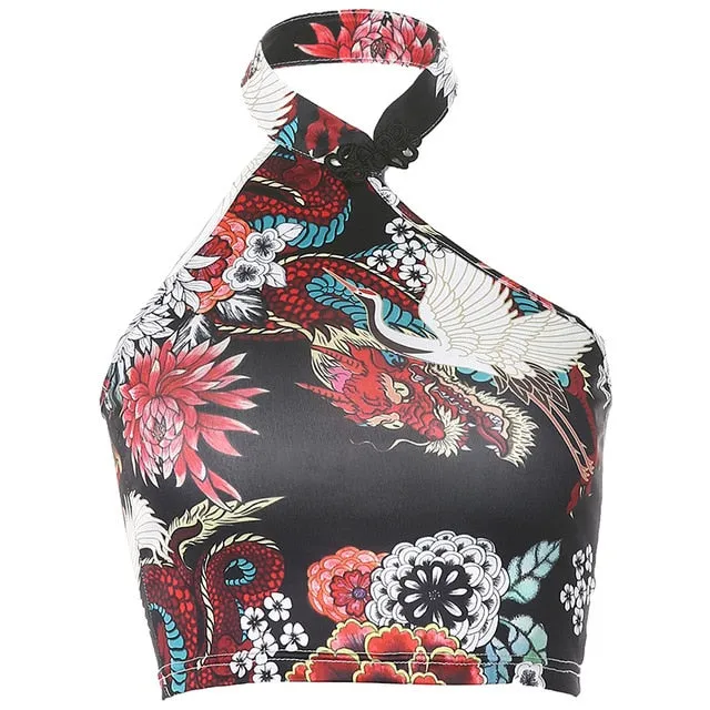 Chinese Style Dragon Halter Vintage Cheongsam Collar Streetwear Sleeveless Slim Crop Top