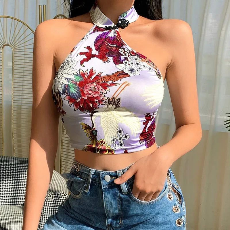 Chinese Style Dragon Halter Vintage Cheongsam Collar Streetwear Sleeveless Slim Crop Top