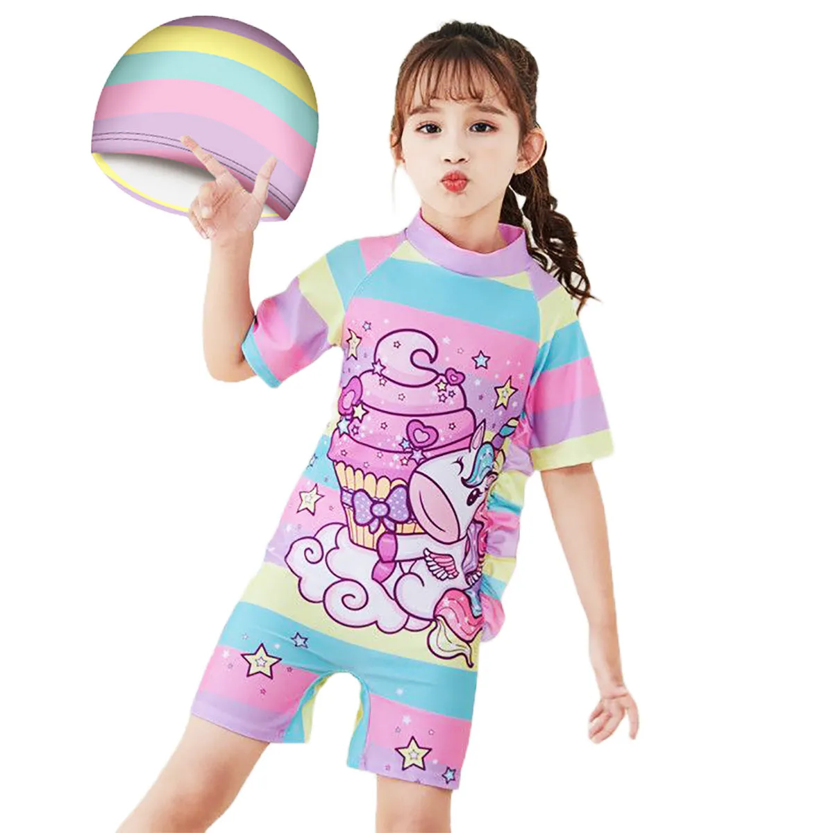 Fancydresswale Little Girls Swimsuit and Matching Cap -Unicorn cake