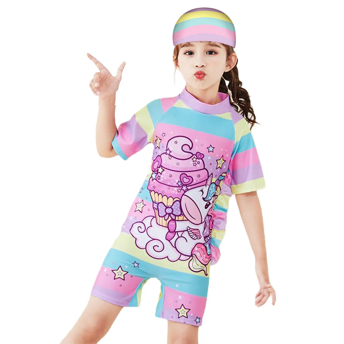 Fancydresswale Little Girls Swimsuit and Matching Cap -Unicorn cake