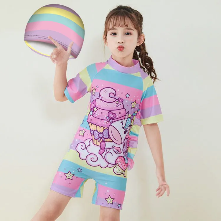Fancydresswale Little Girls Swimsuit and Matching Cap -Unicorn cake