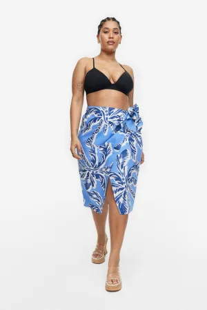 H&M linen blend front wrap skirt, blue/palm