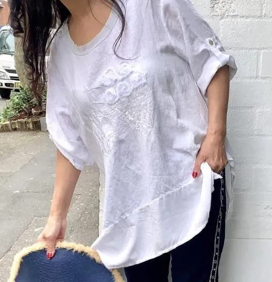 LSTU21-96A La Strada White Linen Sequin Top
