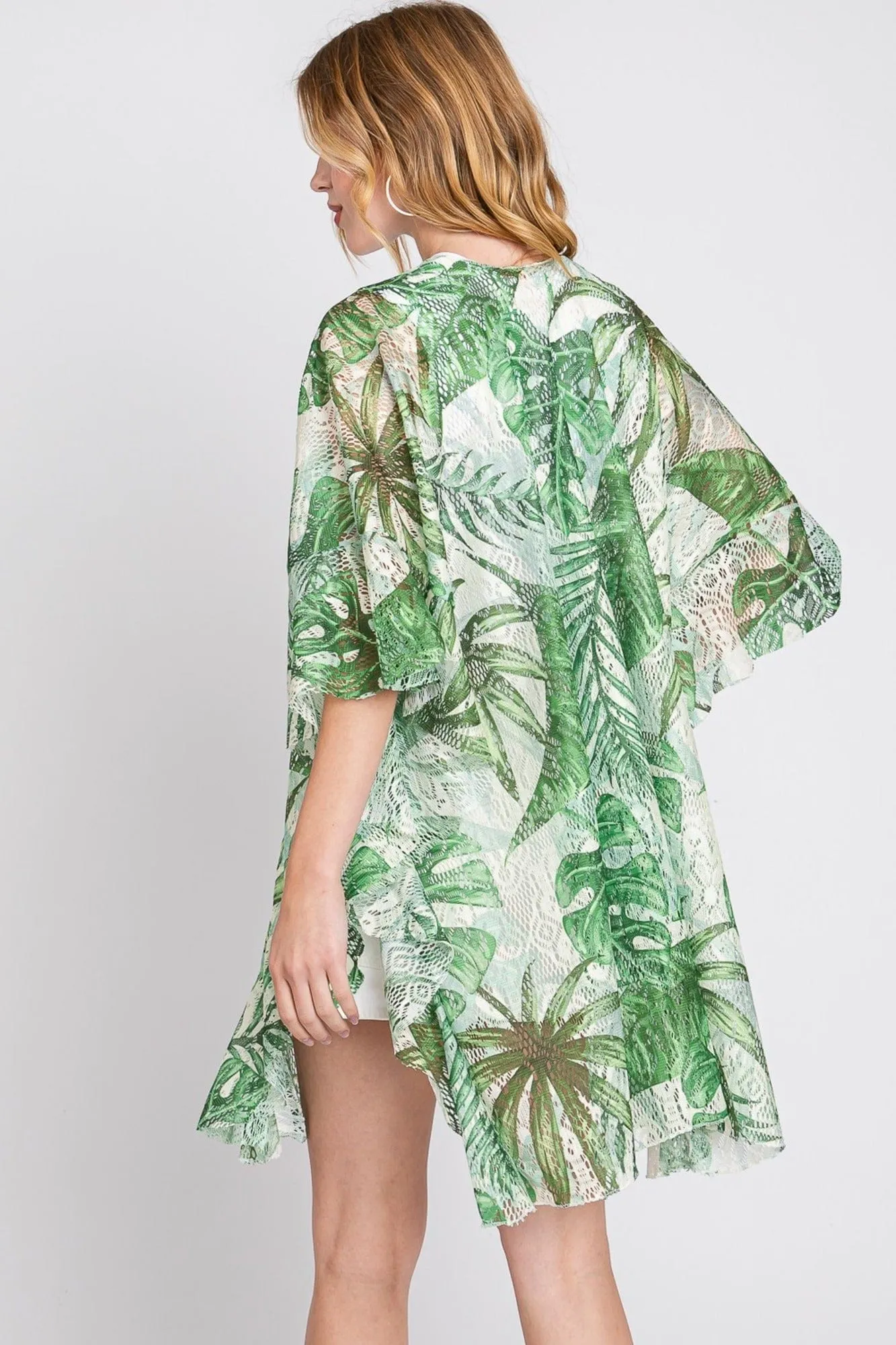 MS0356 Ruffle Lined Tropical Leaves Kimono