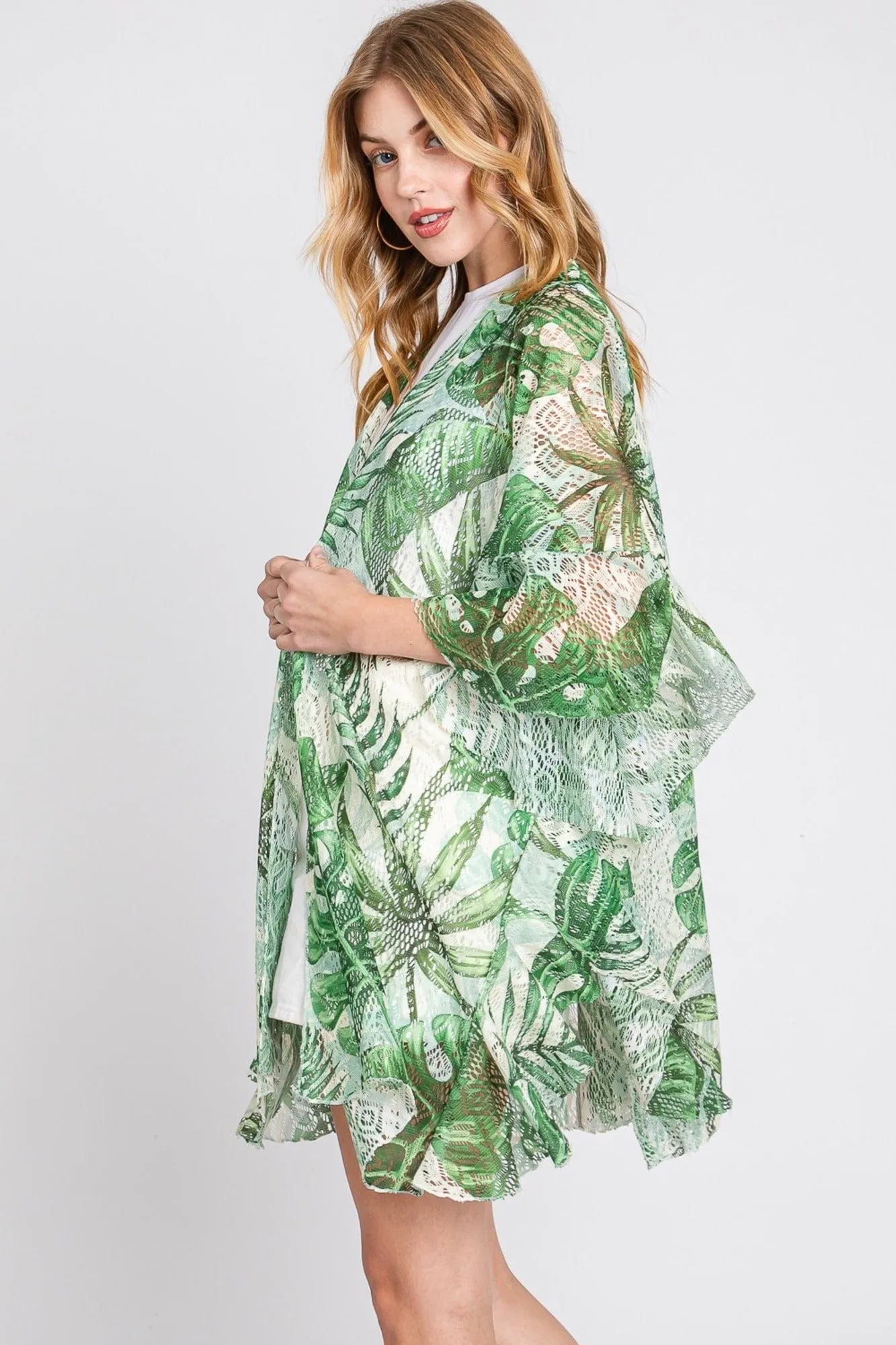 MS0356 Ruffle Lined Tropical Leaves Kimono
