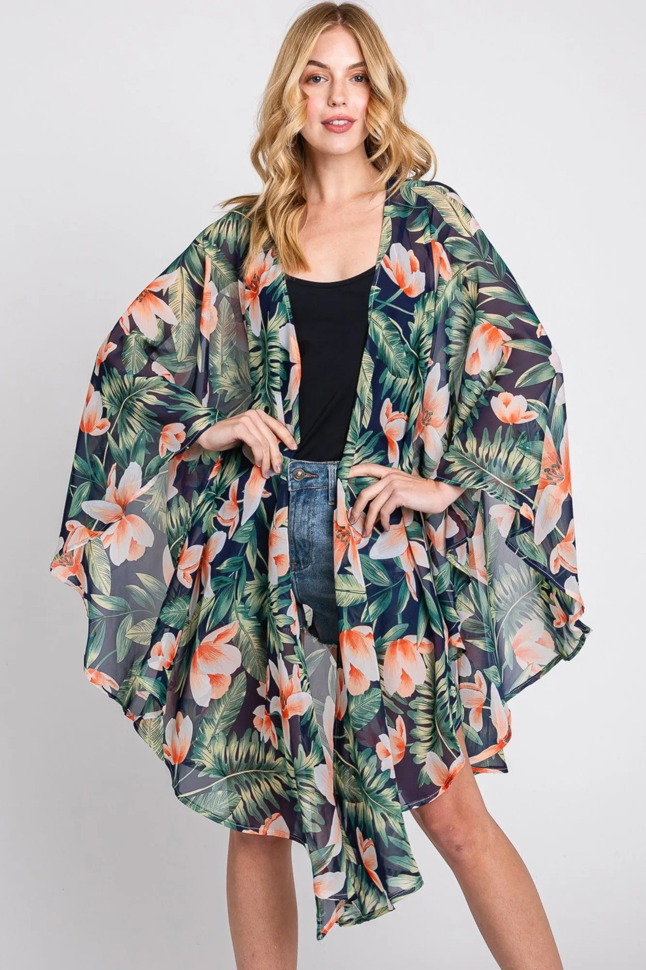 MS0366 Tropical Flower Leaves Kimono
