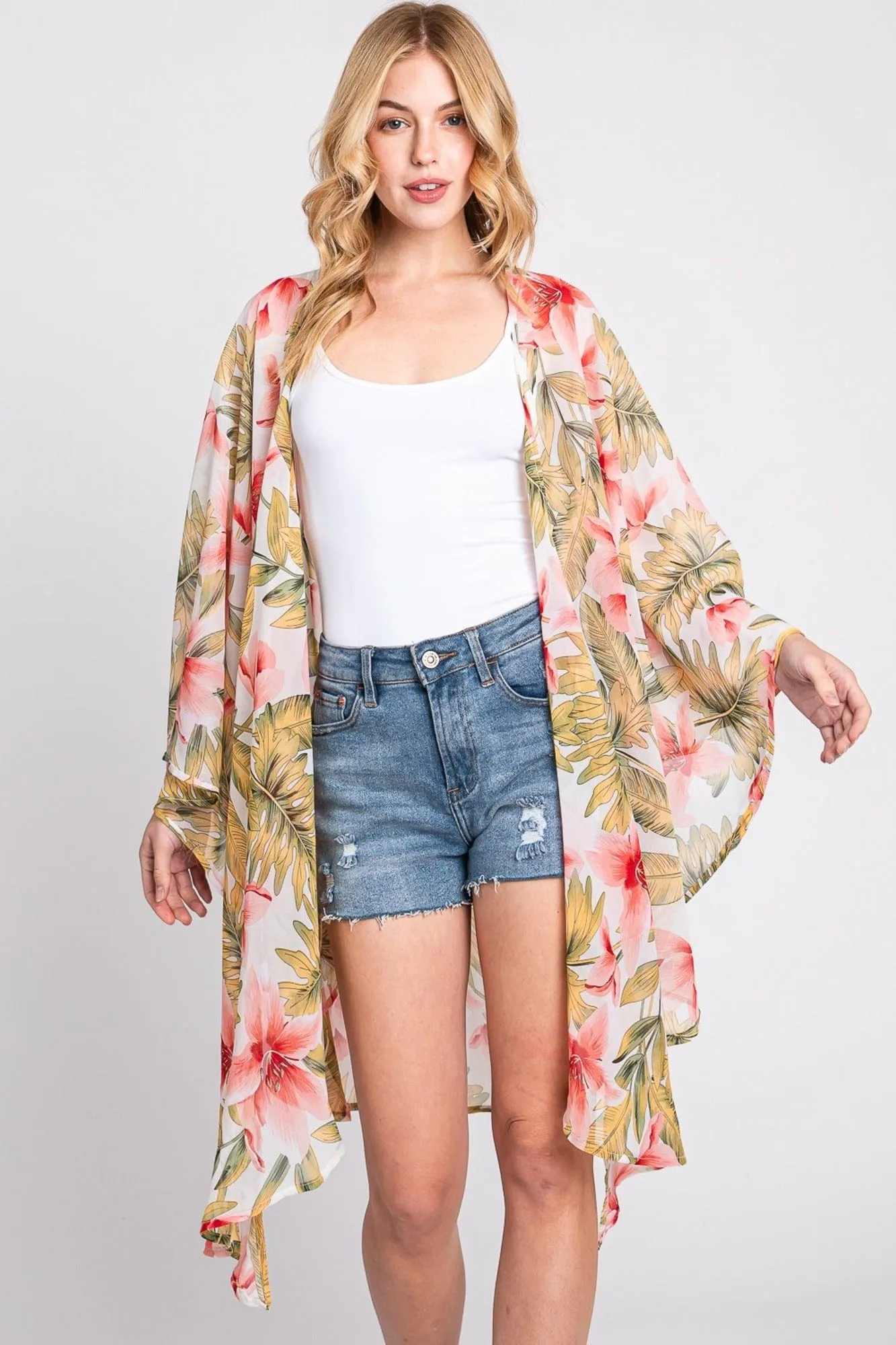 MS0366 Tropical Flower Leaves Kimono