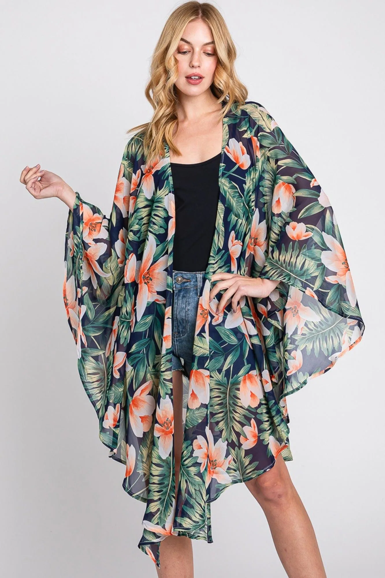MS0366 Tropical Flower Leaves Kimono