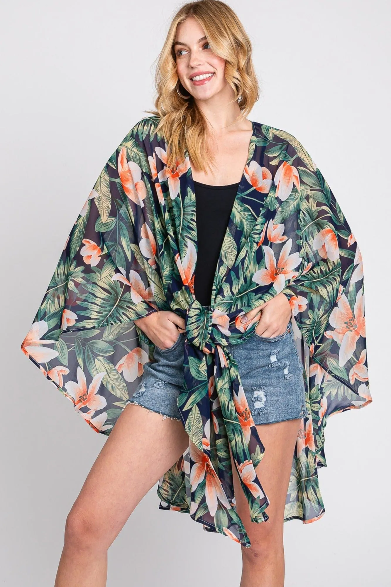 MS0366 Tropical Flower Leaves Kimono