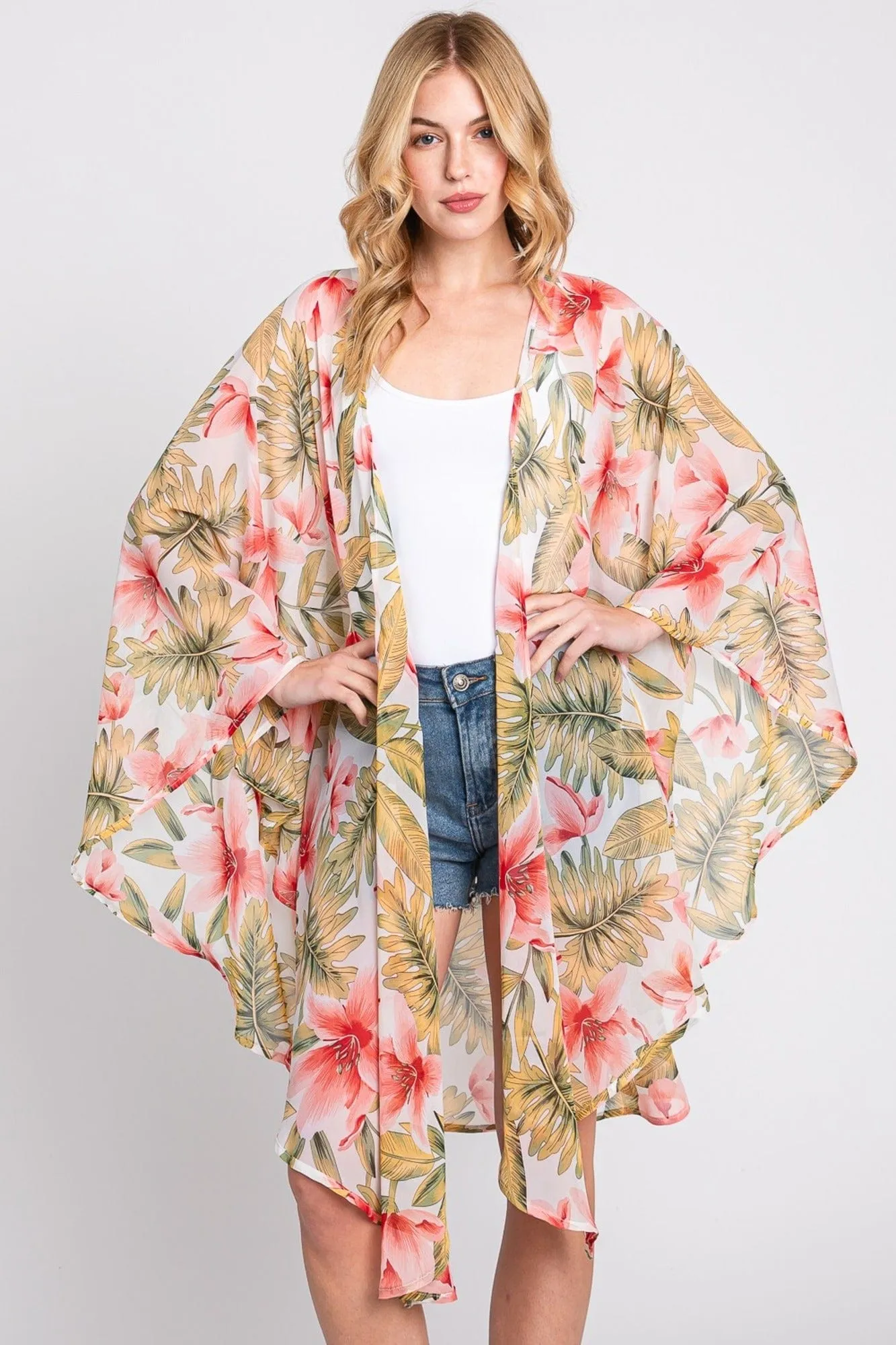 MS0366 Tropical Flower Leaves Kimono
