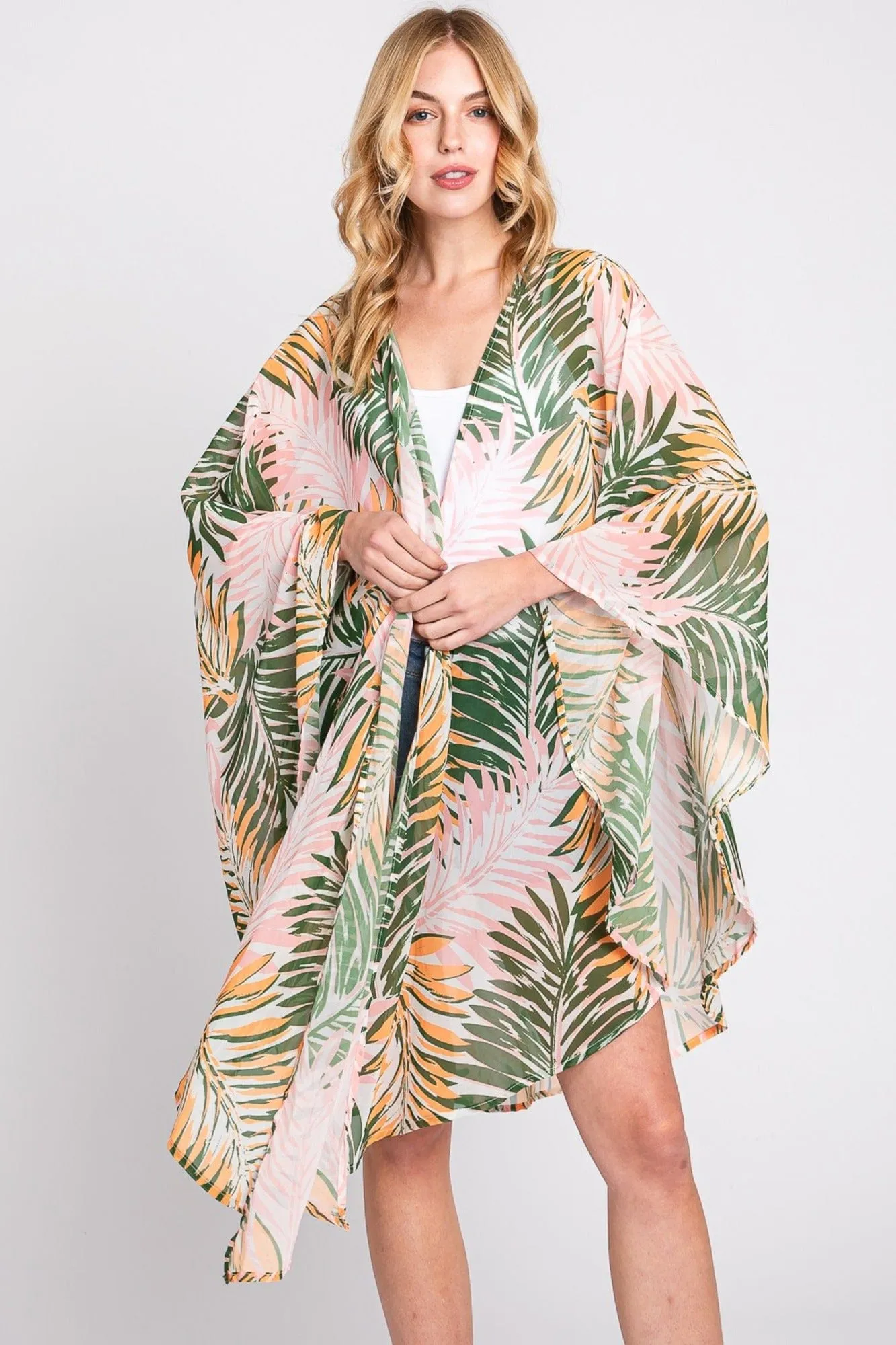 MS0368 Lyla Tropical Leaves Print Kimono