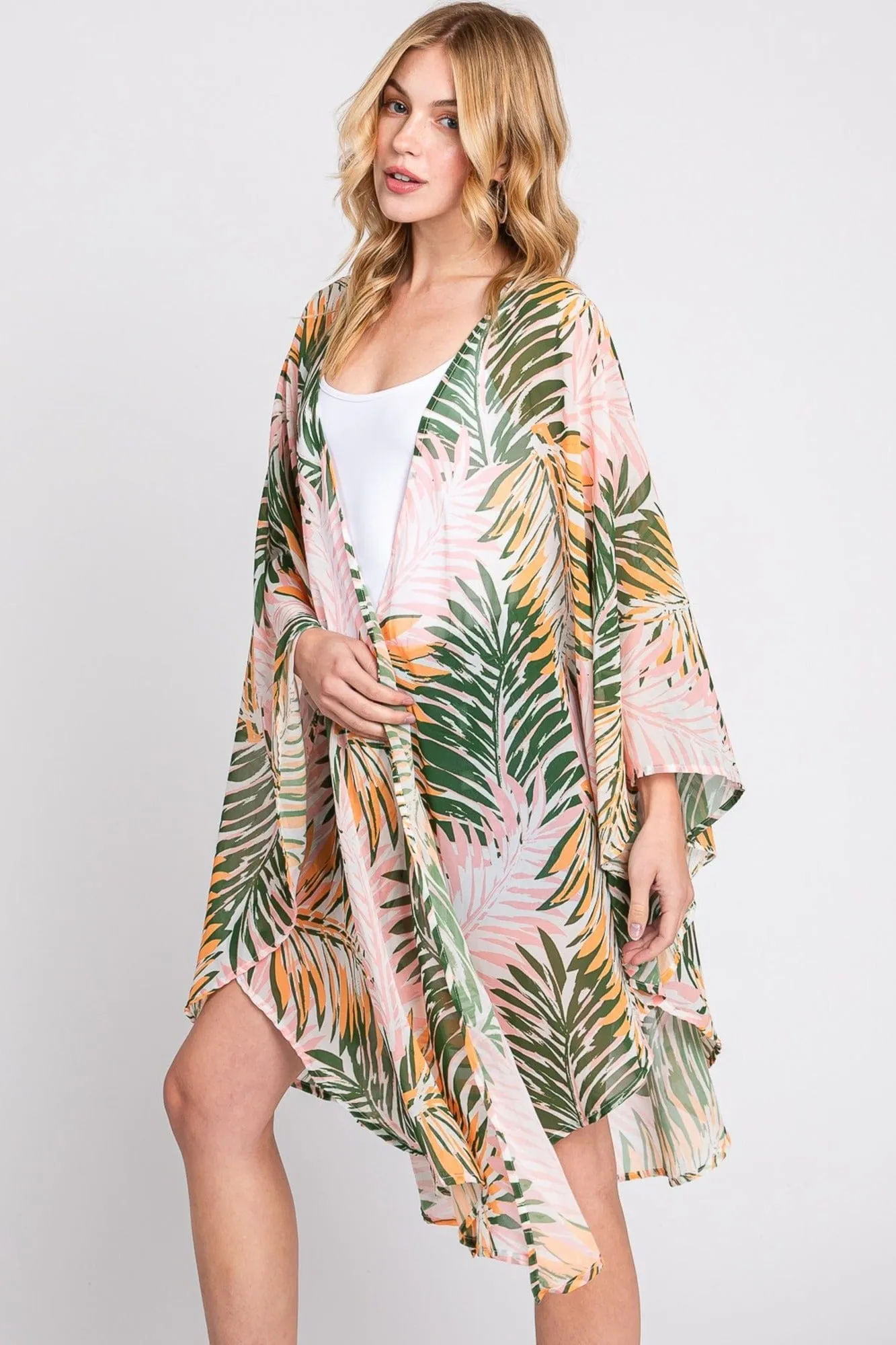 MS0368 Lyla Tropical Leaves Print Kimono