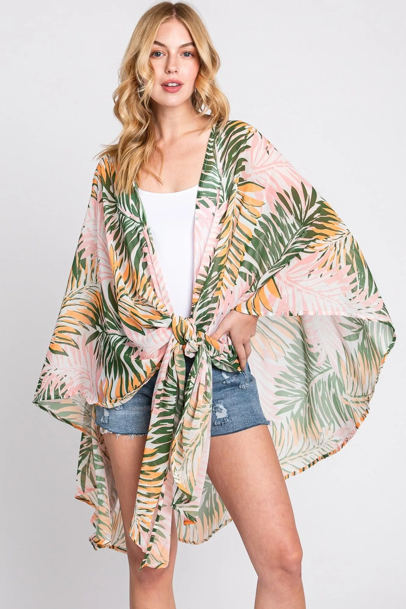 MS0368 Lyla Tropical Leaves Print Kimono