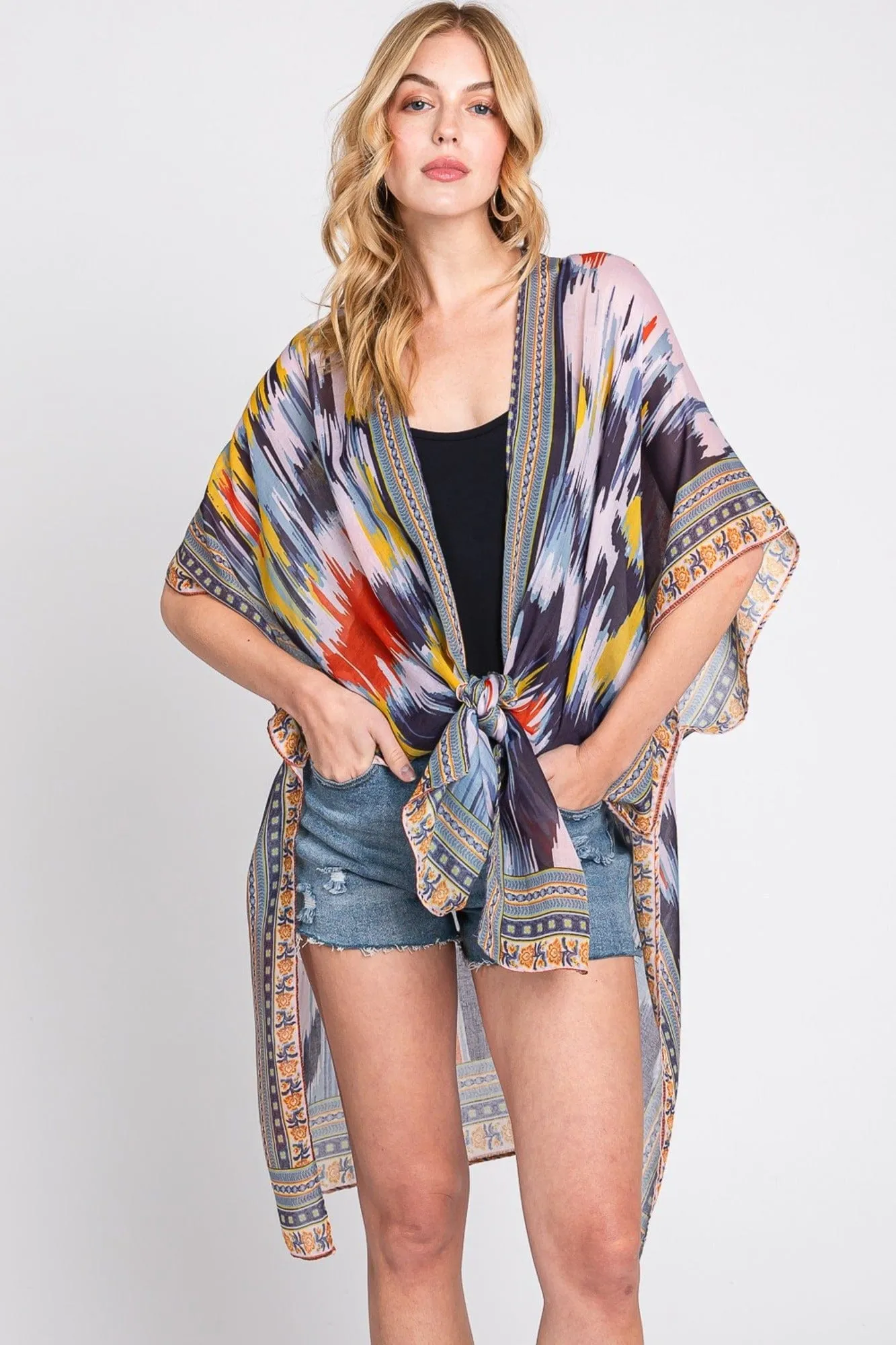 MS0379 Samantha Geometric Trim Tie Dye Kimono