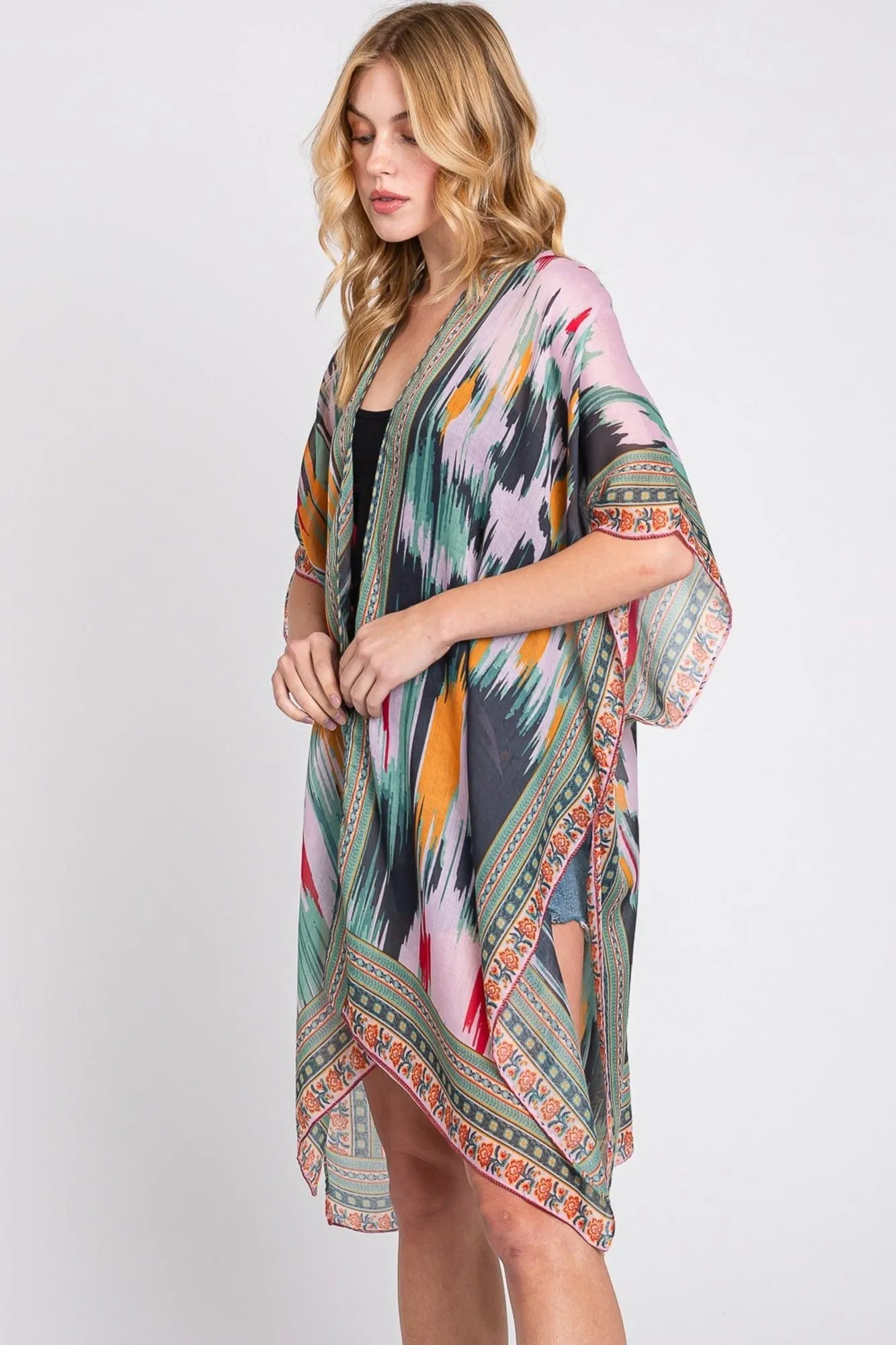 MS0379 Samantha Geometric Trim Tie Dye Kimono