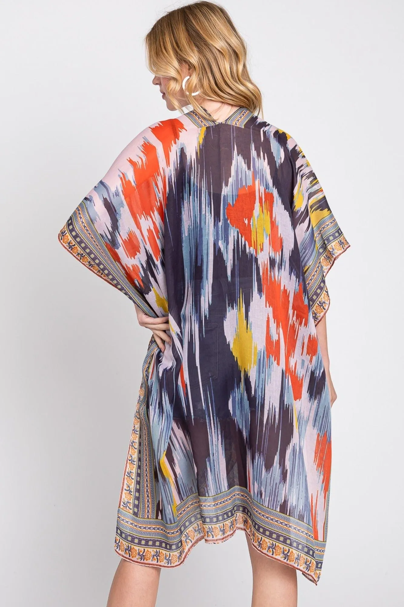 MS0379 Samantha Geometric Trim Tie Dye Kimono