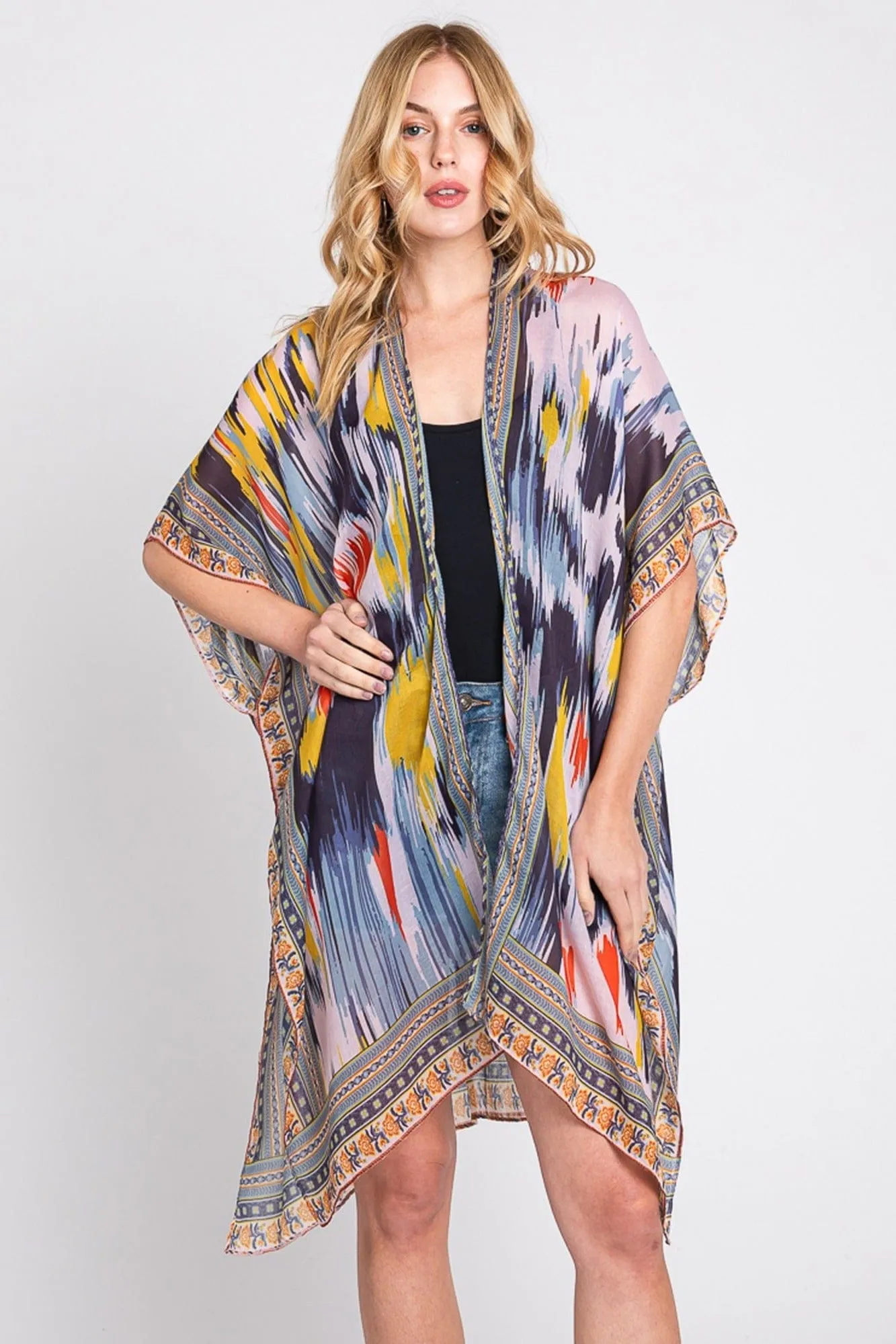 MS0379 Samantha Geometric Trim Tie Dye Kimono