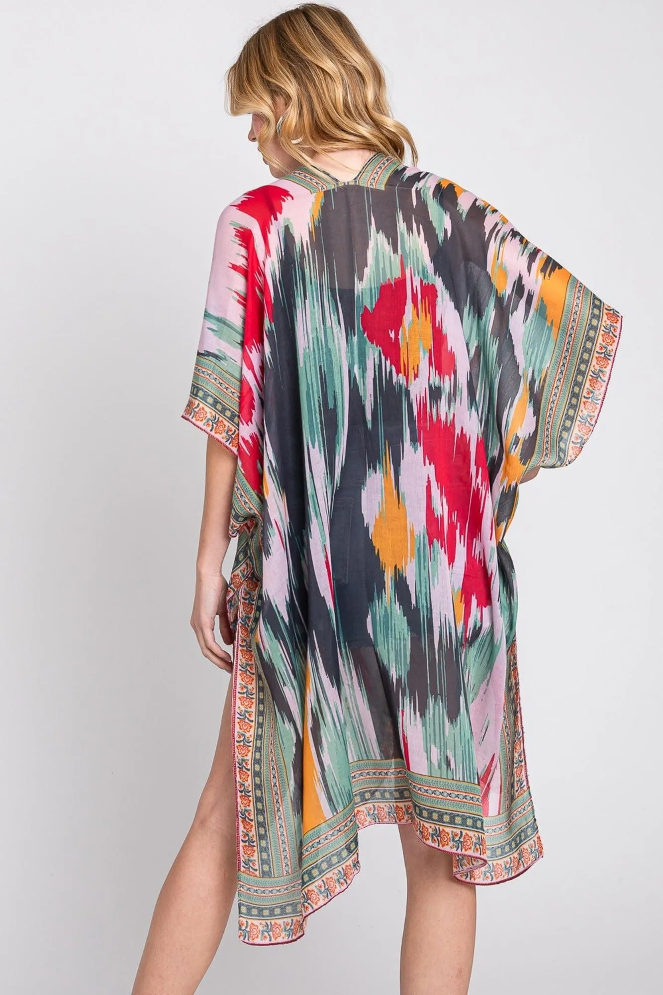 MS0379 Samantha Geometric Trim Tie Dye Kimono