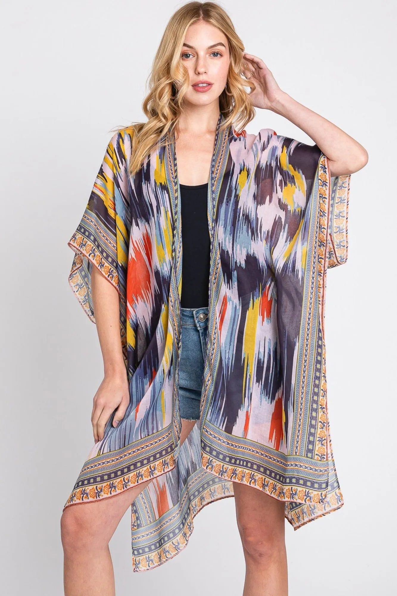 MS0379 Samantha Geometric Trim Tie Dye Kimono