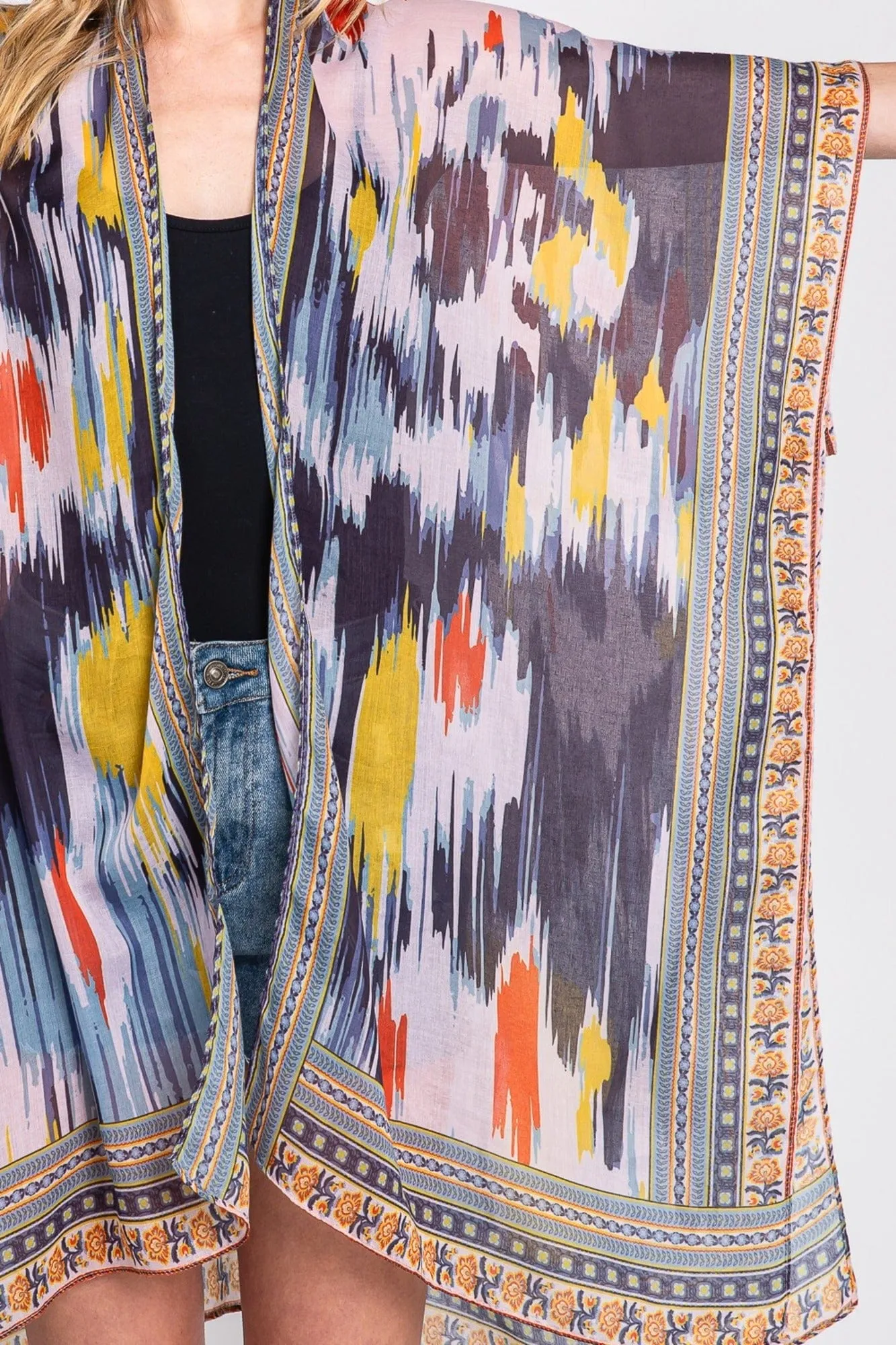 MS0379 Samantha Geometric Trim Tie Dye Kimono