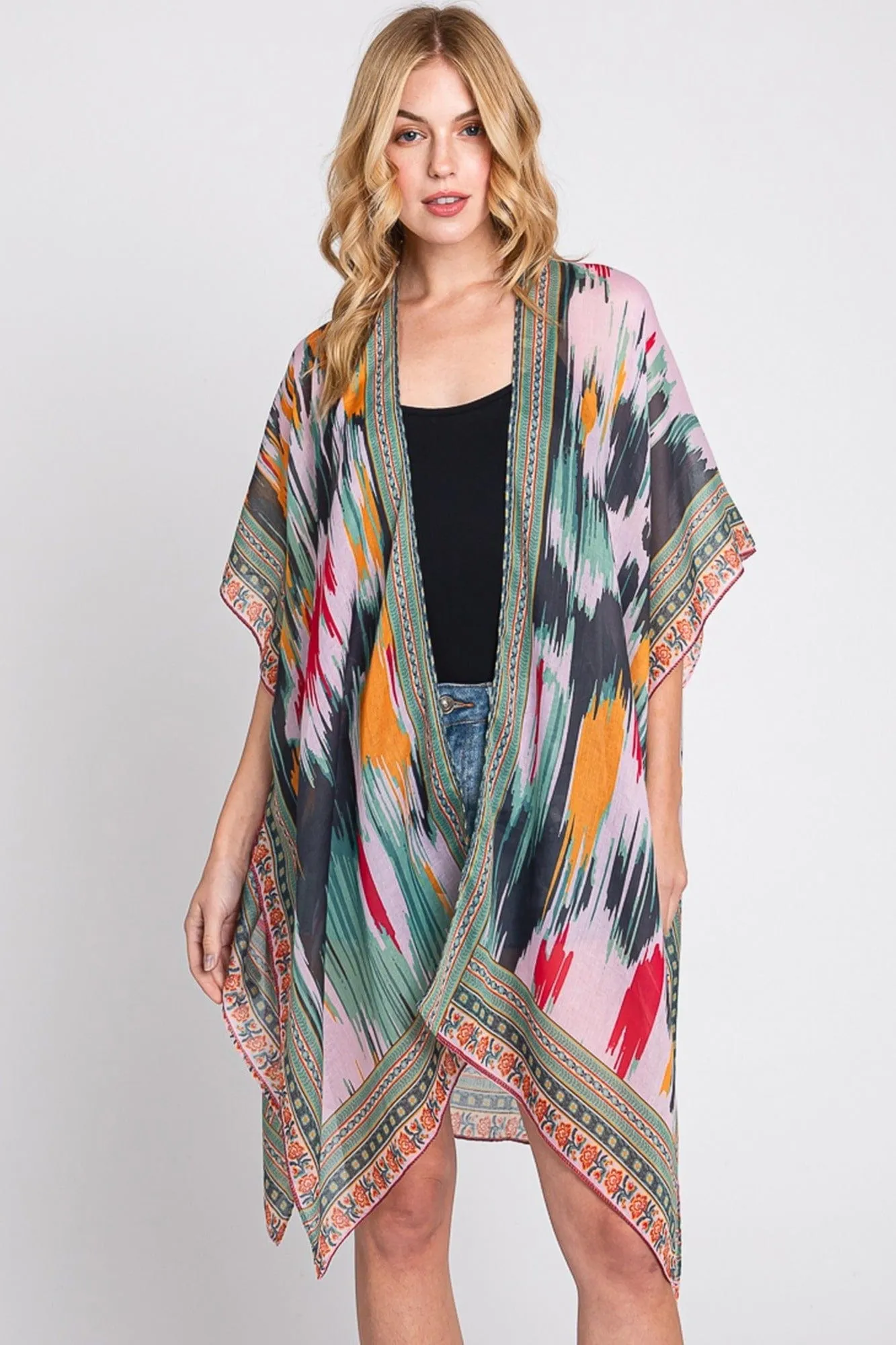 MS0379 Samantha Geometric Trim Tie Dye Kimono
