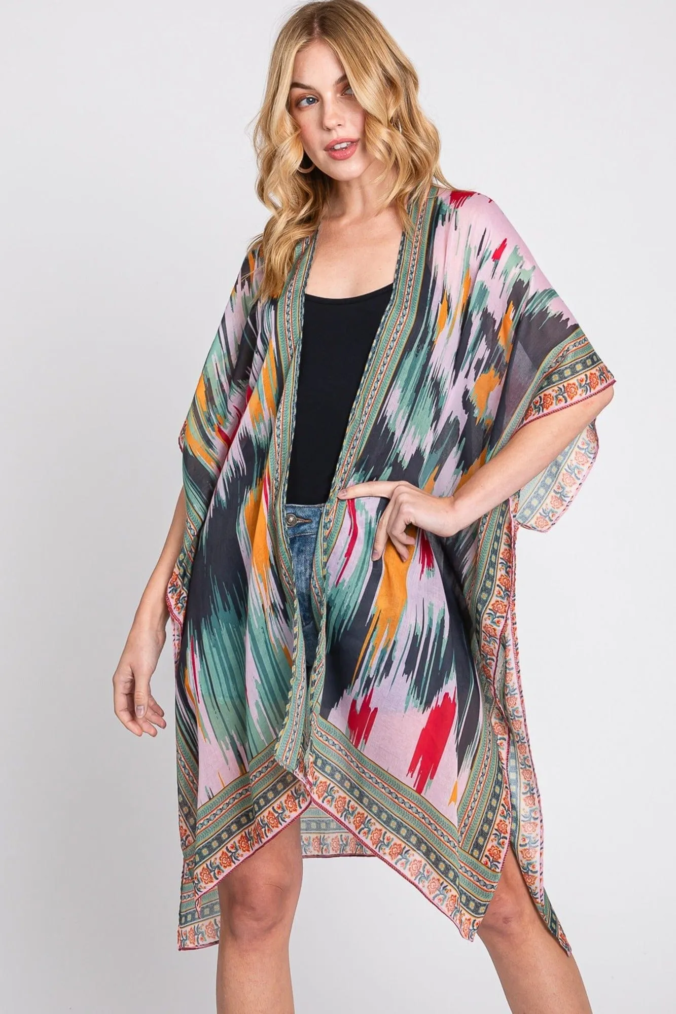 MS0379 Samantha Geometric Trim Tie Dye Kimono