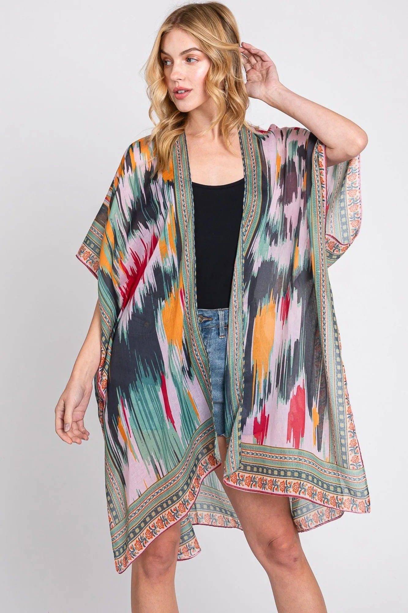 MS0379 Samantha Geometric Trim Tie Dye Kimono