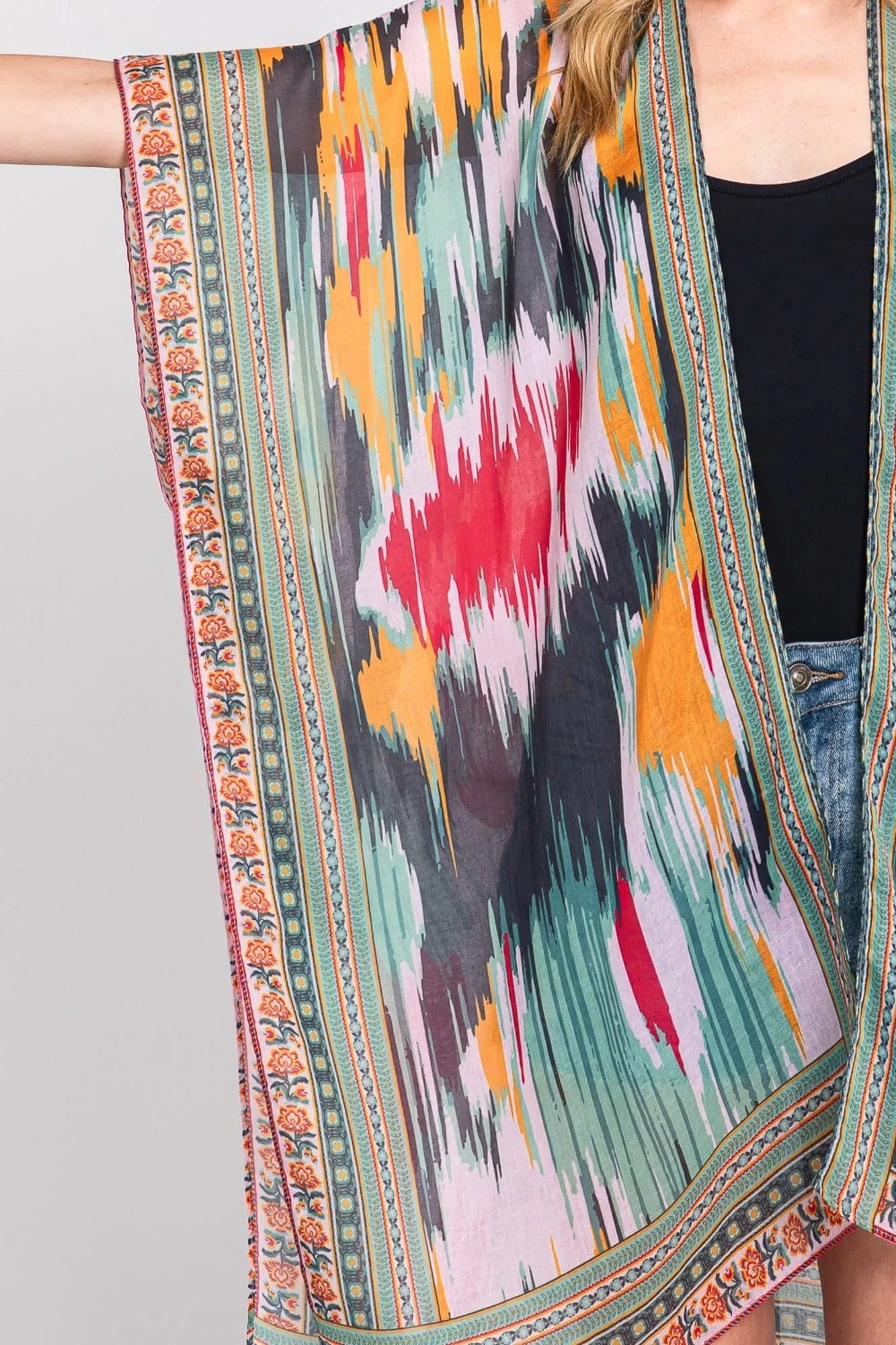 MS0379 Samantha Geometric Trim Tie Dye Kimono