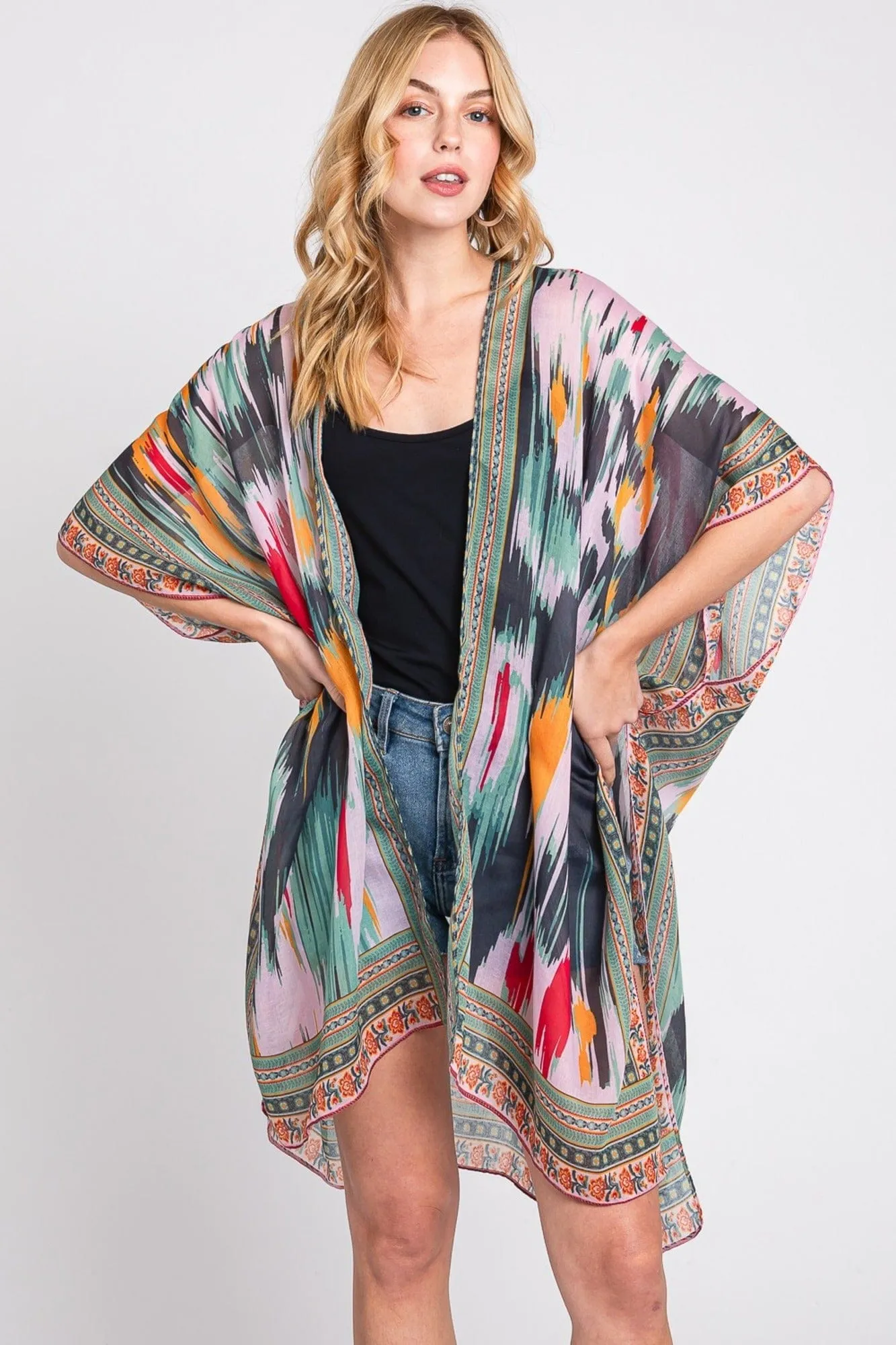 MS0379 Samantha Geometric Trim Tie Dye Kimono