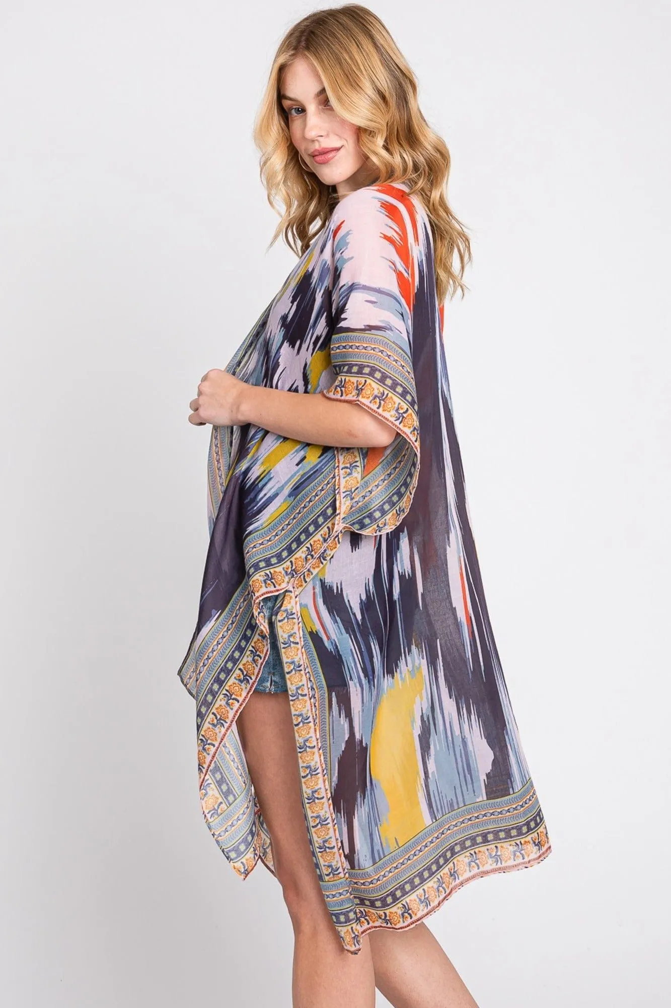 MS0379 Samantha Geometric Trim Tie Dye Kimono