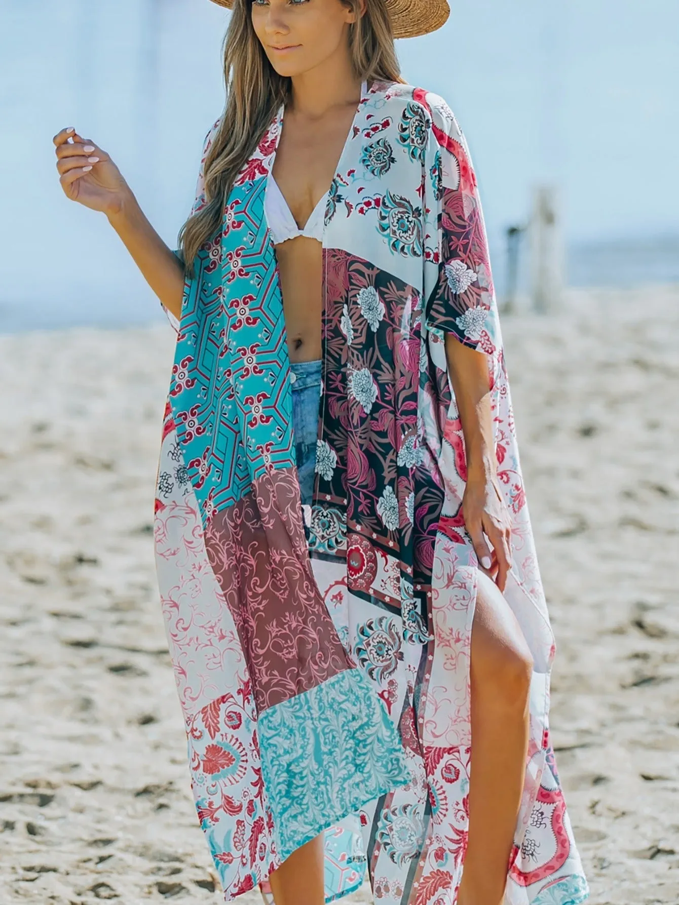 Multicolor Bohemian Floral Print Beach Kimono Casual Cover Up
