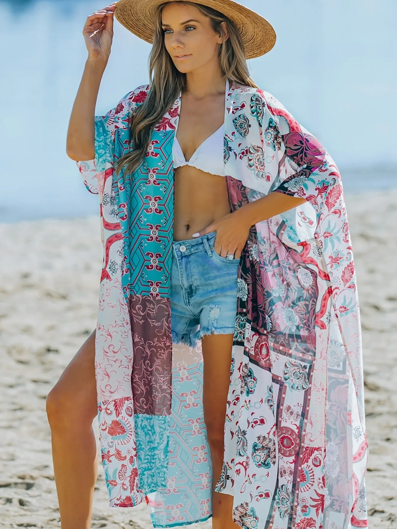 Multicolor Bohemian Floral Print Beach Kimono Casual Cover Up