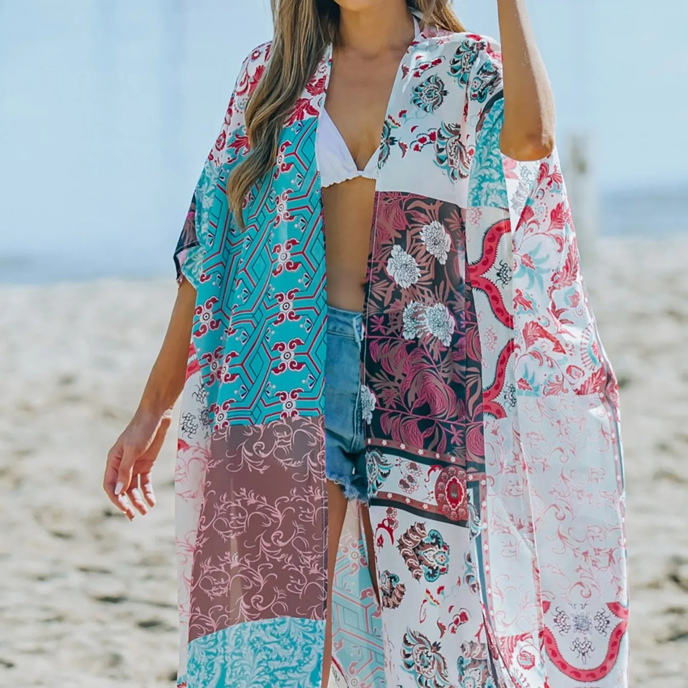 Multicolor Bohemian Floral Print Beach Kimono Casual Cover Up