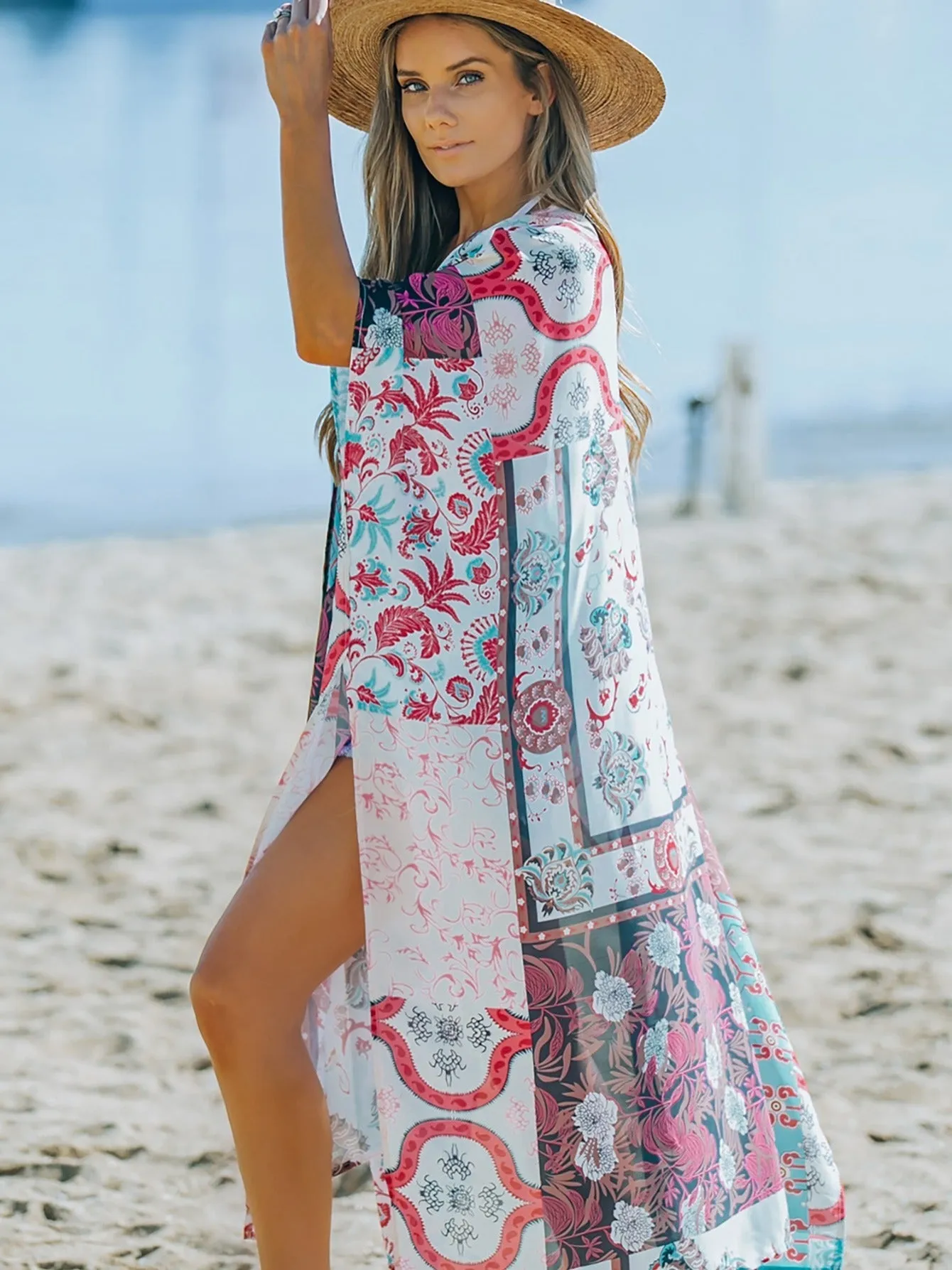 Multicolor Bohemian Floral Print Beach Kimono Casual Cover Up