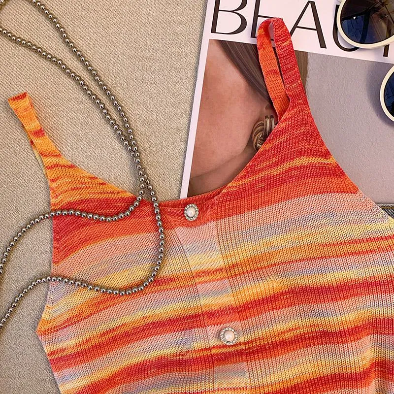 Niche Stripe Rainbow Cropped Knitted Worn Outside Tank Top