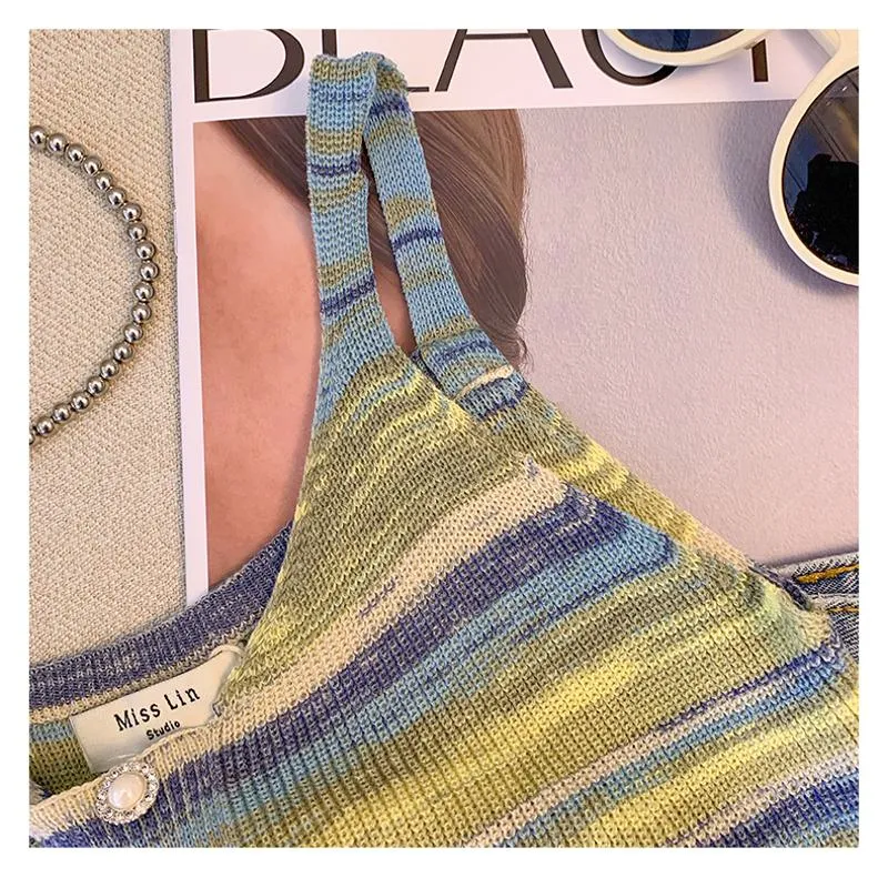 Niche Stripe Rainbow Cropped Knitted Worn Outside Tank Top