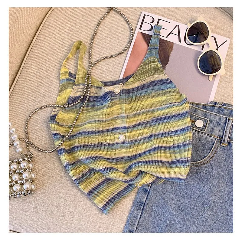 Niche Stripe Rainbow Cropped Knitted Worn Outside Tank Top