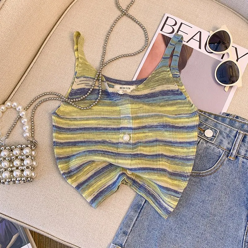 Niche Stripe Rainbow Cropped Knitted Worn Outside Tank Top