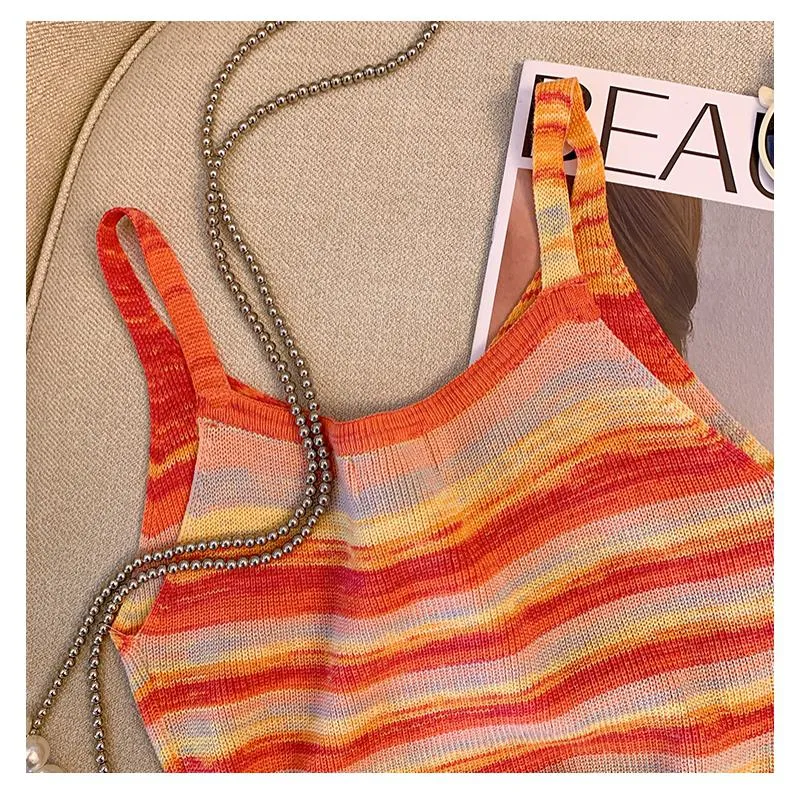 Niche Stripe Rainbow Cropped Knitted Worn Outside Tank Top