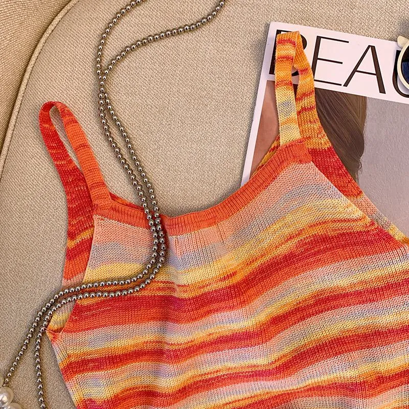 Niche Stripe Rainbow Cropped Knitted Worn Outside Tank Top