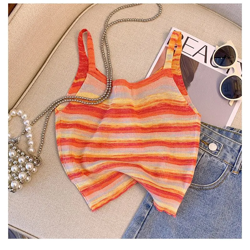 Niche Stripe Rainbow Cropped Knitted Worn Outside Tank Top