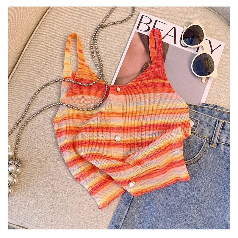 Niche Stripe Rainbow Cropped Knitted Worn Outside Tank Top