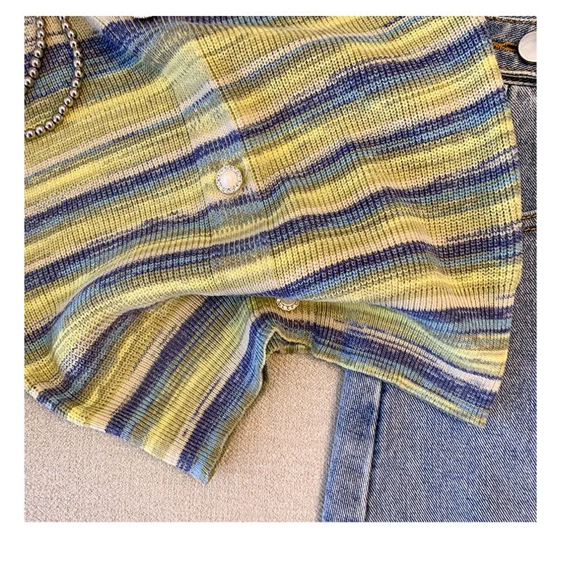Niche Stripe Rainbow Cropped Knitted Worn Outside Tank Top