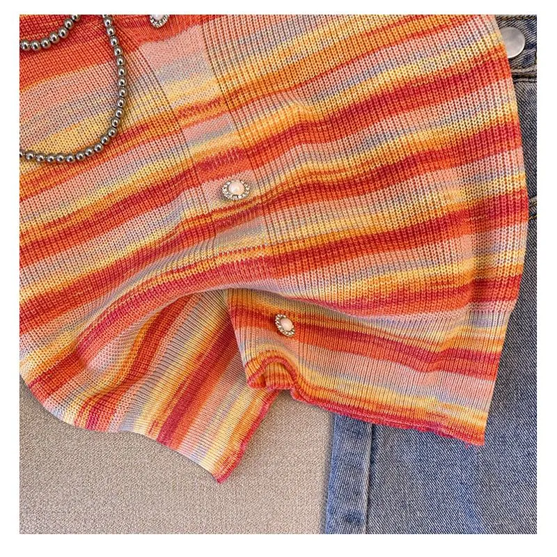 Niche Stripe Rainbow Cropped Knitted Worn Outside Tank Top