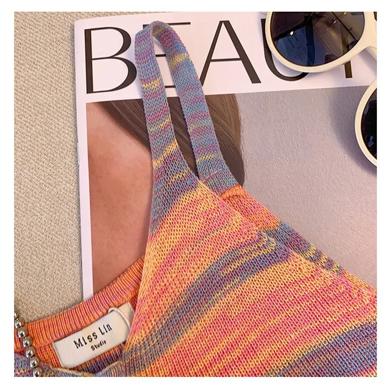 Niche Stripe Rainbow Cropped Knitted Worn Outside Tank Top
