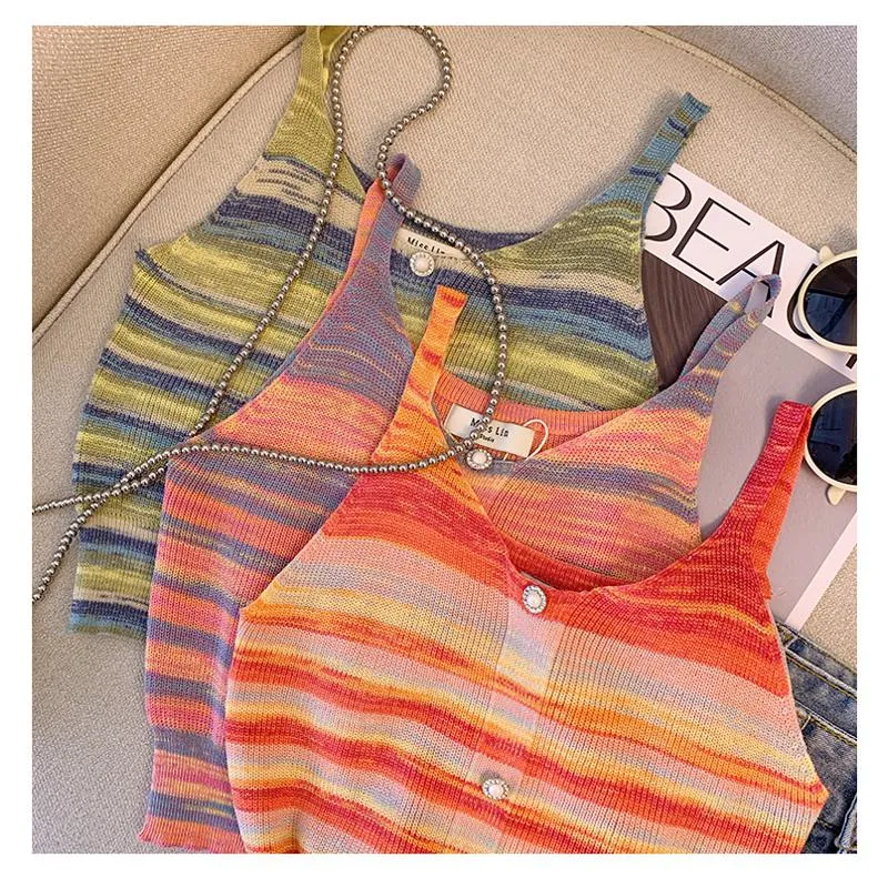Niche Stripe Rainbow Cropped Knitted Worn Outside Tank Top
