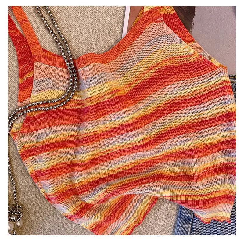 Niche Stripe Rainbow Cropped Knitted Worn Outside Tank Top